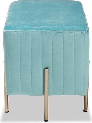 Wholesale Interiors Benches - Helaine Contemporary Glam and Luxe Sky Blue Fabric and Gold Metal Bench Ottoman