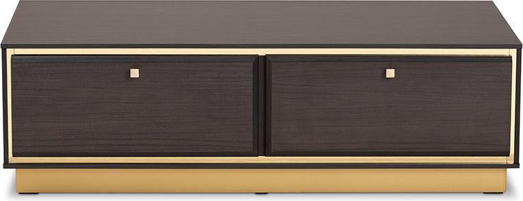 Wholesale Interiors Coffee Tables - Cormac Mid-Century Modern Dark Brown Wood and Gold Metal 2-Drawer Coffee Table