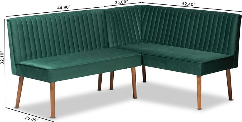 Wholesale Interiors Benches - Alvis Emerald Green Velvet Upholstered and Walnut Brown Wood 2-Piece Dining Nook Banquette Set