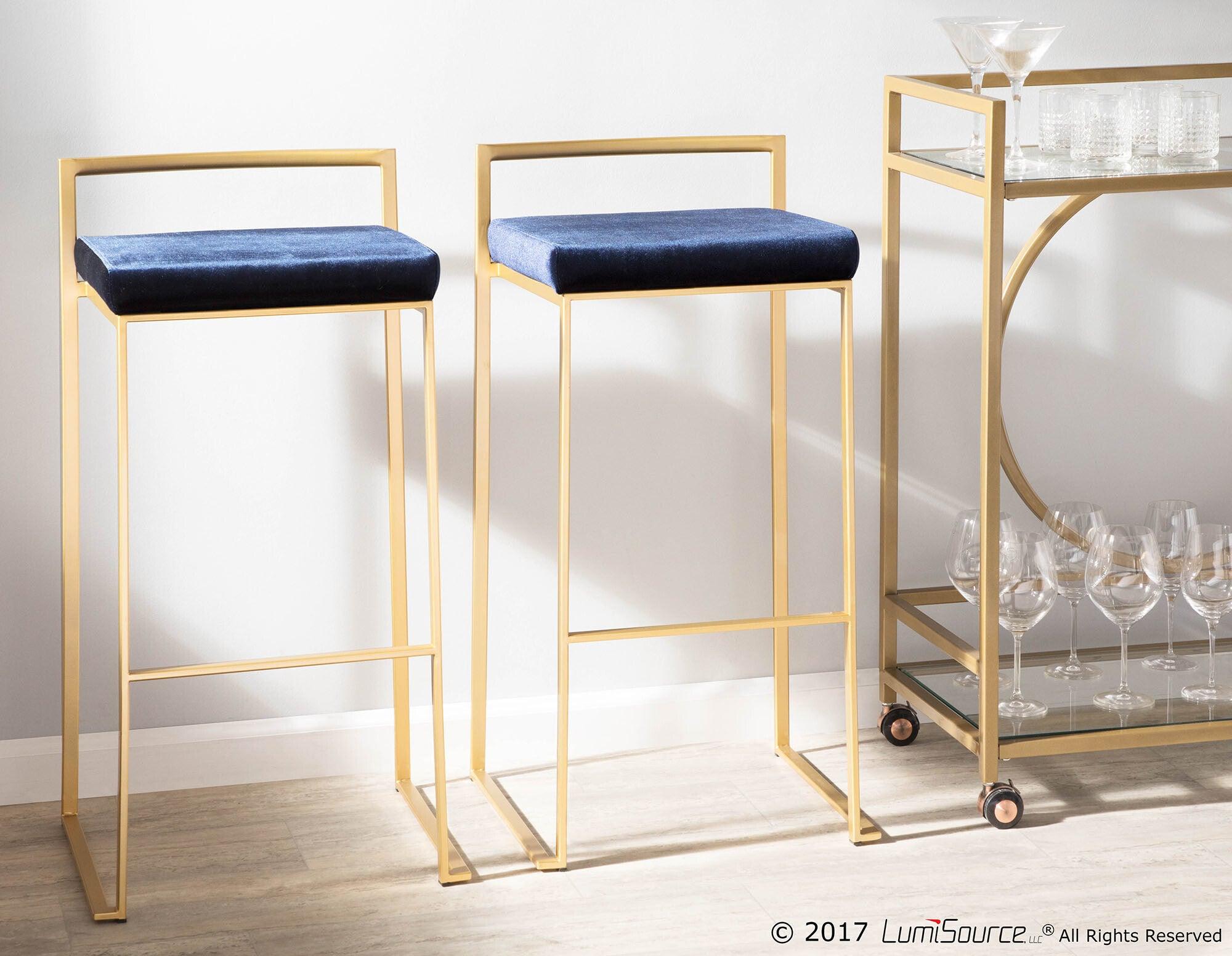 Lumisource Barstools - Fuji Contemporary-Glam Stackable Barstool in Gold with Blue Velvet Cushion (Set of 2)