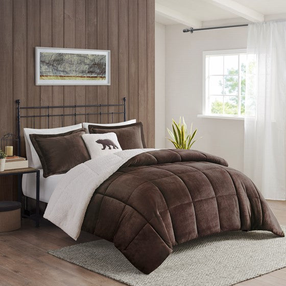 Olliix.com Comforters & Blankets - Plush to Sherpa Down Alternative Comforter Set Brown/Ivory Full/Queen