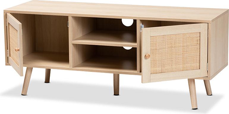 Wholesale Interiors TV & Media Units - Sebille Mid-Century Modern Light Brown Wood 2-Door TV Stand with Natural Rattan