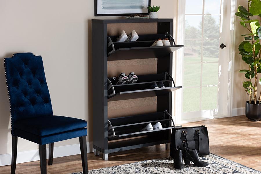 Wholesale Interiors Shoe Storage - Simms Contemporary Dark Grey Wood Shoe Storage Cabinet with 6 Fold-Out Racks