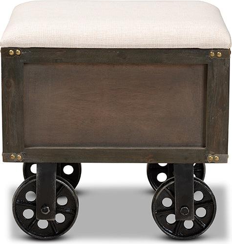 Wholesale Interiors Ottomans & Stools - Harley Transitional Beige Fabric and Black Metal 1-Drawer Wheeled Storage Ottoman