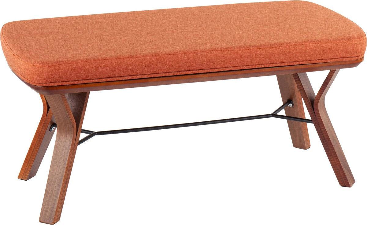 Lumisource Benches - Folia Mid-Century Modern Bench in Walnut Wood and Orange Fabric
