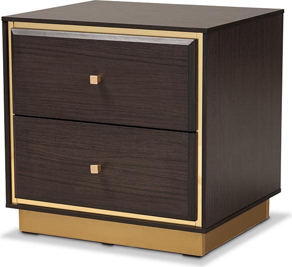Wholesale Interiors Nightstands & Side Tables - Cormac Mid-Century Modern Dark Brown Finished Wood and Gold Metal 2-Drawer Nightstand
