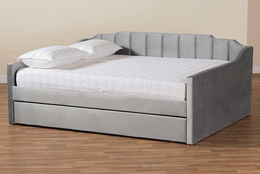 Wholesale Interiors Daybeds - Lennon Grey Velvet Fabric Upholstered Queen Size Daybed with Trundle