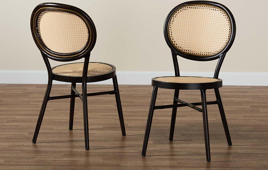 Wholesale Interiors Outdoor Dining Chairs - Thalia Modern Dark Brown Finished Metal and Synthetic Rattan 2-Piece Outdoor Dining Chair Set