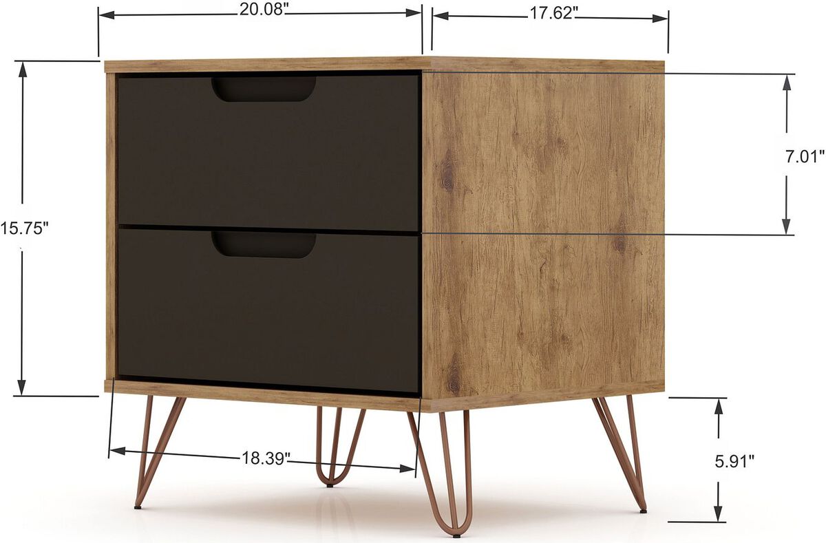 Manhattan Comfort Nightstands & Side Tables - Rockefeller 2.0 Mid-Century- Modern Nightstand with 2-Drawer in Nature and Textured Gray