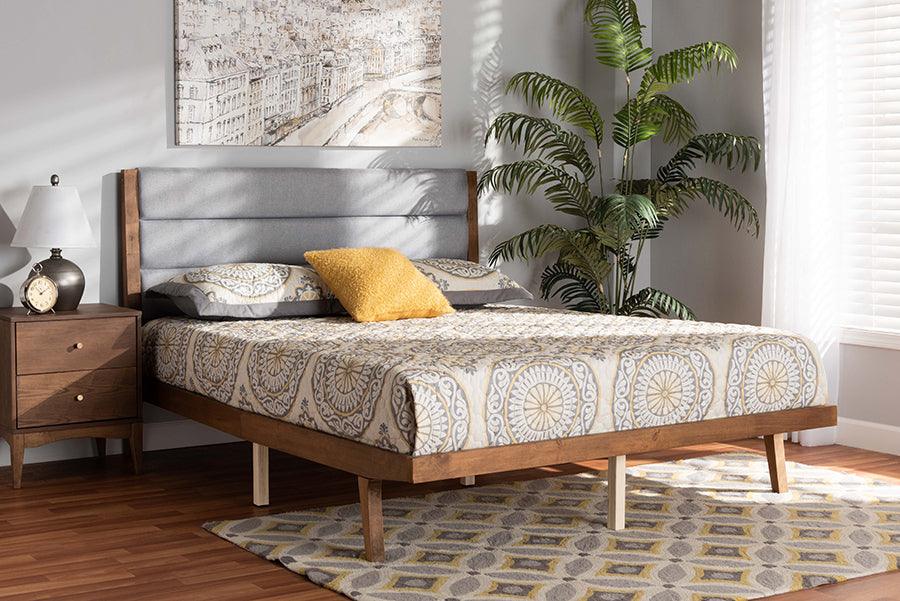 Wholesale Interiors Beds - Jarlan Modern and Contemporary Grey Fabric and Brown Wood King Size Platform Bed