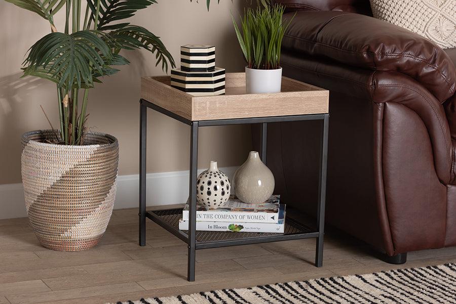 Wholesale Interiors Side & End Tables - Overton Modern Industrial Oak Brown Finished Wood and Black Metal End Table