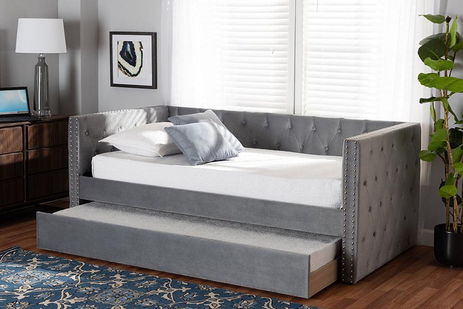 Wholesale Interiors Daybeds - Larkin Grey Velvet Fabric Upholstered Twin Size Daybed with Trundle