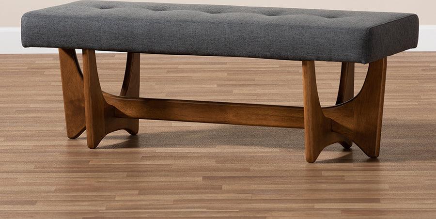 Wholesale Interiors Benches - Theo Mid-Century Modern Dark Grey Fabric Upholstered Walnut Finished Bench