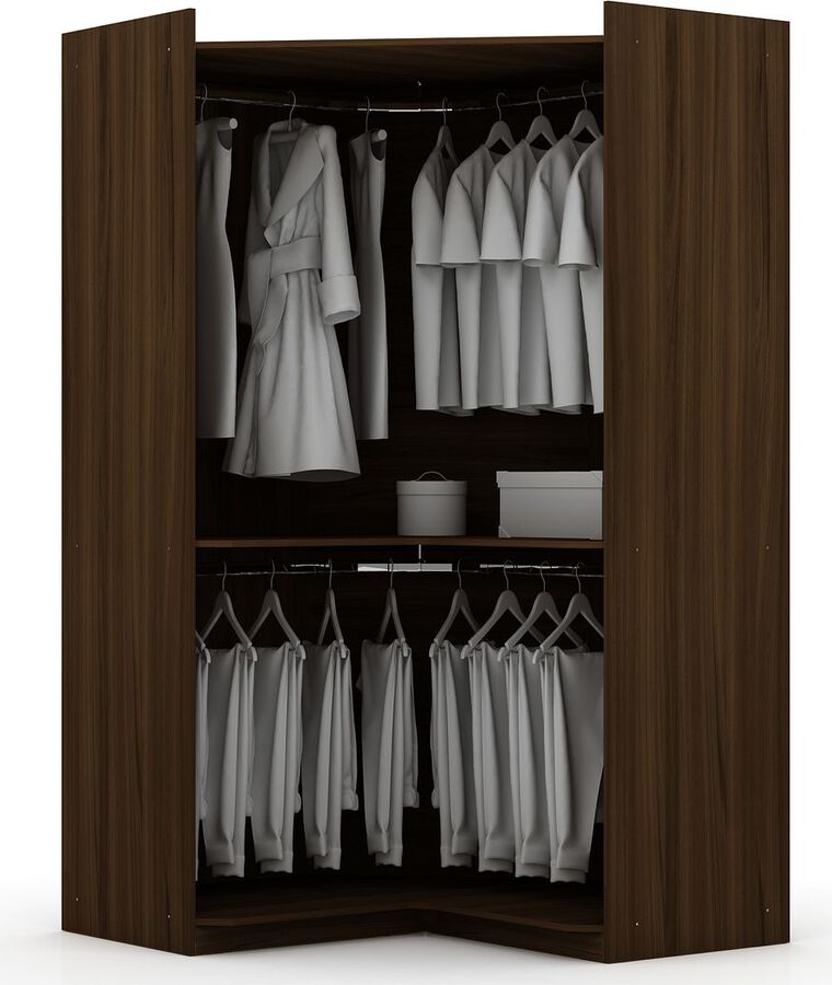 Manhattan Comfort Cabinets & Wardrobes - Mulberry Modern Open Corner Closet with 2 Hanging Rods in Brown