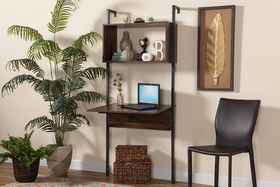 Wholesale Interiors Bookcases & Display Units - Fariat Modern Industrial Walnut Brown Wood and Black Metal Display Shelf with Desk
