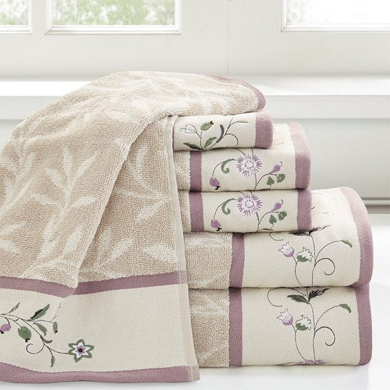 Olliix.com Bath Towels - Embroidered Cotton Jacquard 6 Piece Towel Set Purple