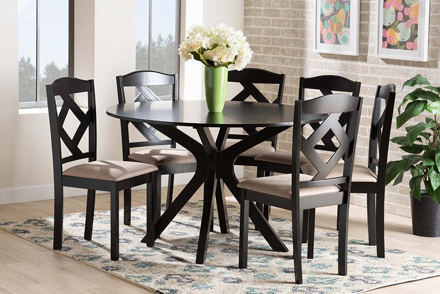 Wholesale Interiors Dining Sets - Carlin Sand Fabric Upholstered and Dark Brown Finished Wood 7-Piece Dining Set