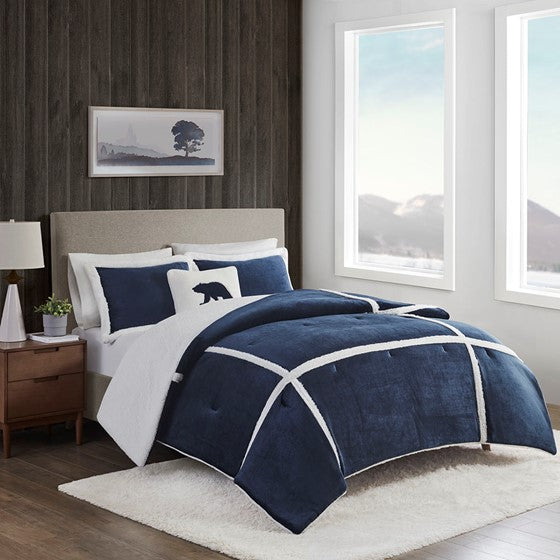 Olliix.com Comforters & Blankets - Plush to Sherpa Comforter Set Navy King