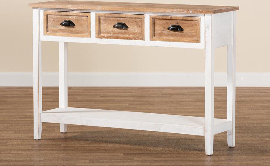 Wholesale Interiors Consoles - Benedict Farmhouse and Rustic Two-Tone White and Oak Brown Finished Wood 3-Drawer Console Table