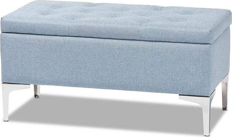 Wholesale Interiors Ottomans & Stools - Mabel Light Blue Fabric Upholstered and Silver Finished Metal Storage Ottoman
