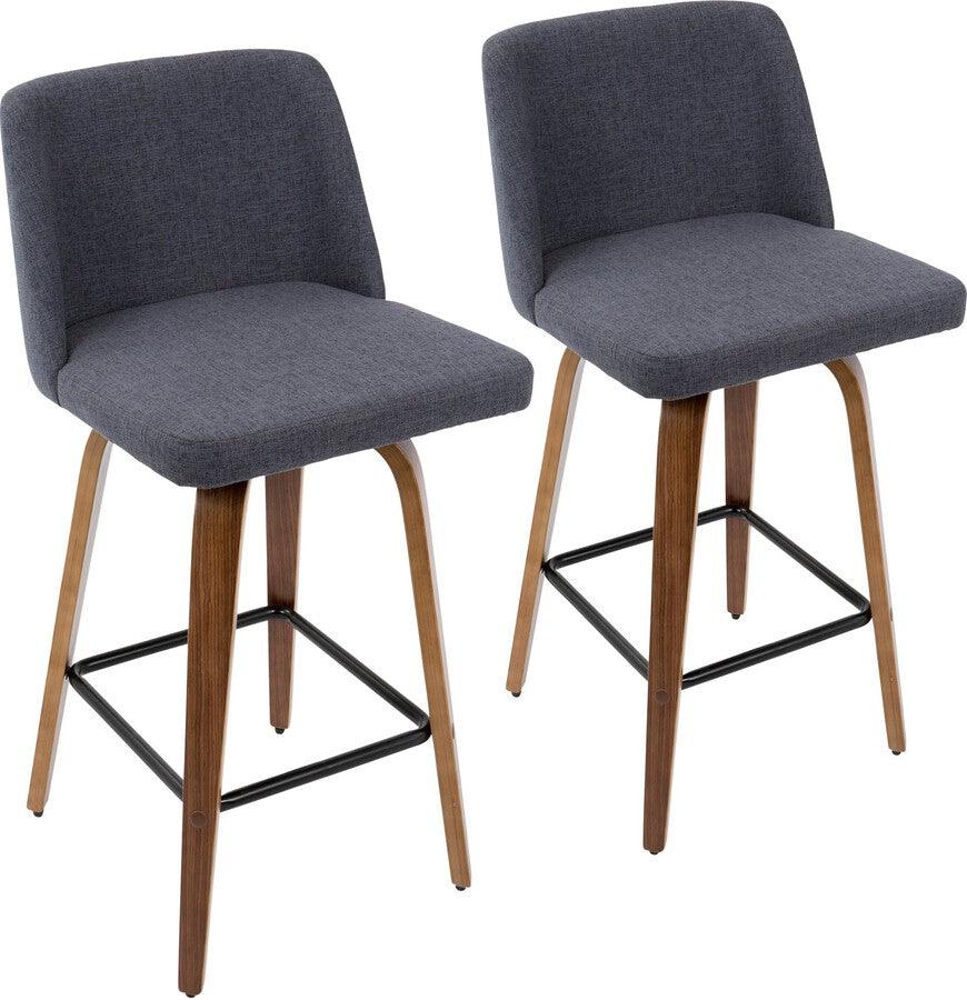 Lumisource Barstools - Toriano Mid-Century Modern Counter Stool Walnut and Blue Fabric - Set of 2