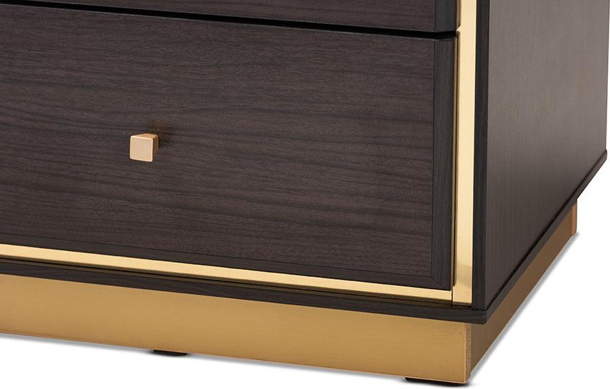 Wholesale Interiors Nightstands & Side Tables - Cormac Mid-Century Modern Dark Brown Finished Wood and Gold Metal 2-Drawer Nightstand