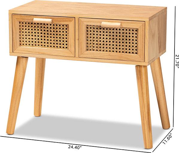 Wholesale Interiors Consoles - Falan Mid-Century Modern Oak Brown Finished Wood 2-Drawer Console Table with Rattan