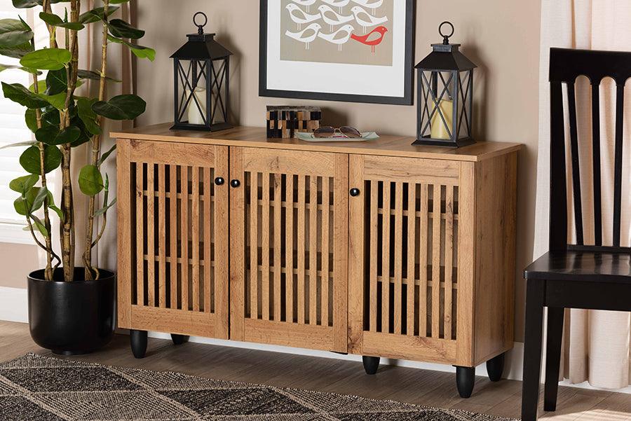 Wholesale Interiors Shoe Storage - Fernanda Modern and Contemporary Oak Brown Finished Wood 3-Door Shoe Cabinet