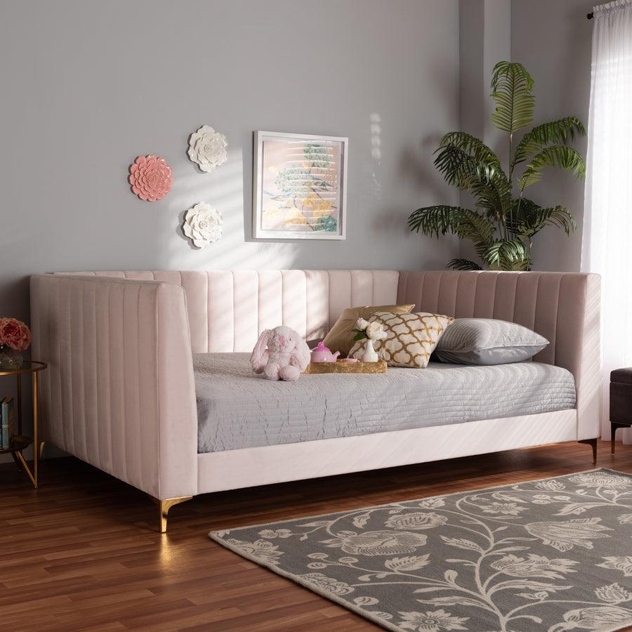 Wholesale Interiors Daybeds - Oksana Light Pink Velvet & Gold Finished Full Size Daybed