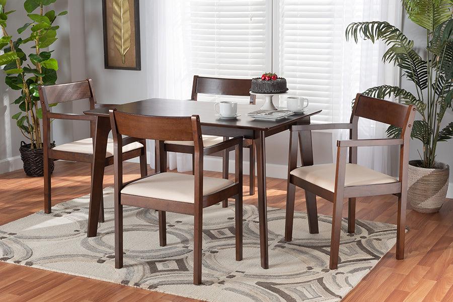 Wholesale Interiors Dining Sets - Helene Mid-Century Modern Cream Fabric And Dark Brown Finished Wood 5-Piece Dining Set