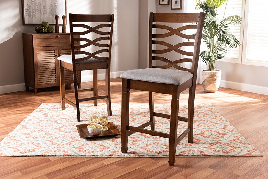 Wholesale Interiors Barstools - Lanier Grey Fabric Upholstered Walnut Brown Finished 2-Piece Wood Counter Height Pub Chair Set Set