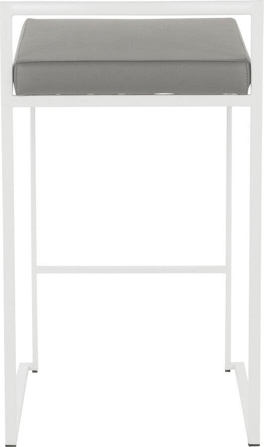 Lumisource Barstools - Fuji Contemporary Stackable Counter Stool in White with Grey Faux Leather Cushion - Set of 2