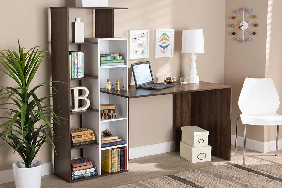 Wholesale Interiors Desks - Rowan Modern Two-Tone White and Walnut Brown Finished Wood Storage Computer Desk with Shelves