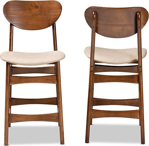 Wholesale Interiors Barstools - Katya Mid-Century Modern Sand Fabric and Brown Wood 2-Piece Counter Stool Set