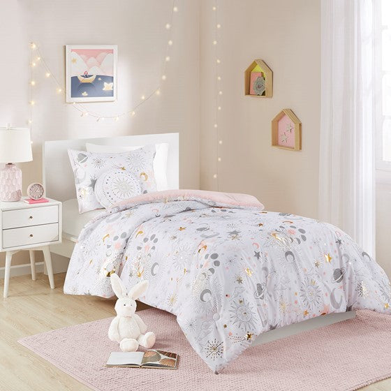 Olliix.com Comforters & Blankets - Starry Sky Metallic Printed Comforter Set Blush/Gold Twin