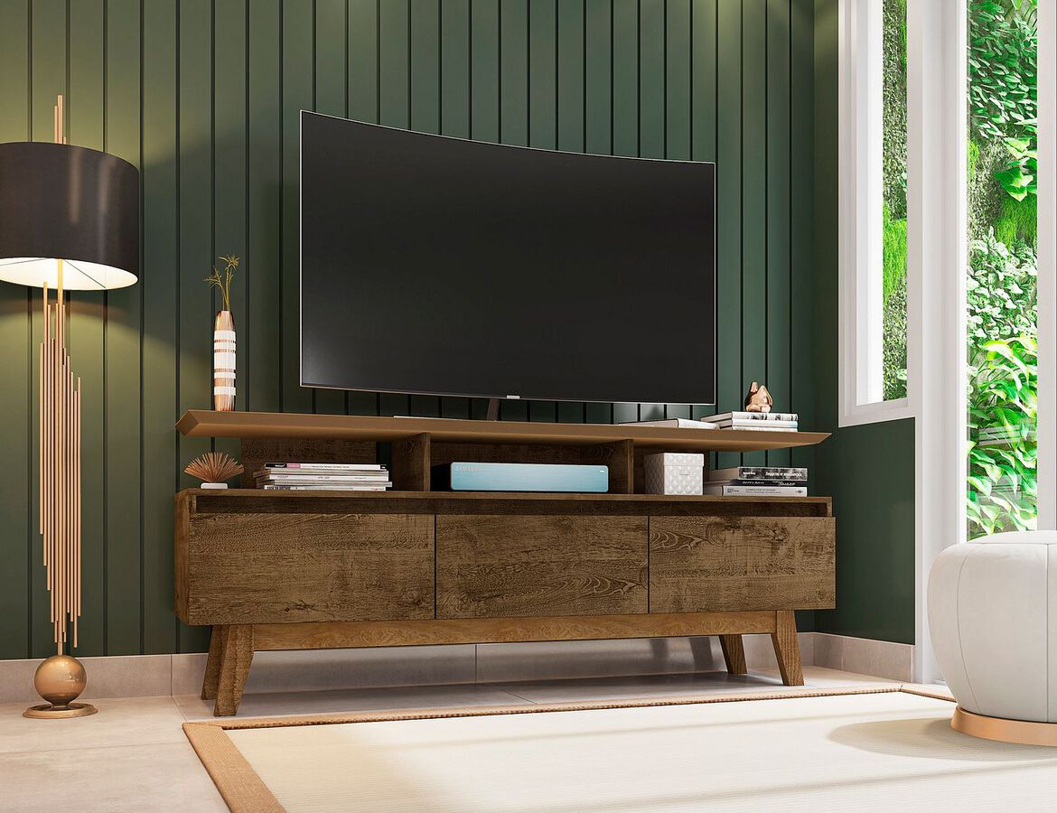 Manhattan Comfort TV & Media Units - Yonkers 62.99 TV Stand with Solid Wood Legs and 6 Media and Storage Compartments in Rustic Brown