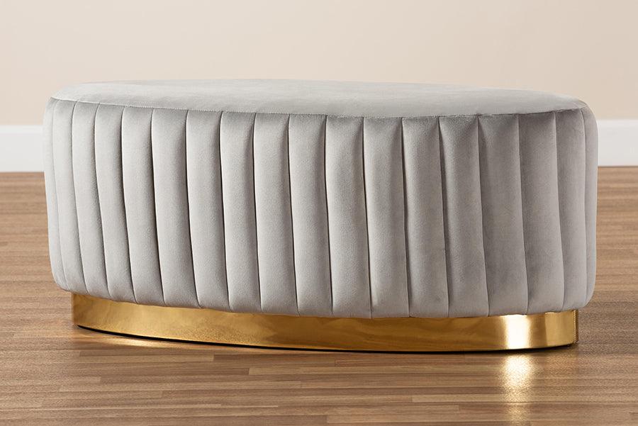 Wholesale Interiors Ottomans & Stools - Kirana Glam and Luxe Grey Velvet Fabric Upholstered and Gold PU Leather Ottoman