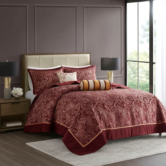 Olliix.com Coverlet - 5 Piece Jacquard Bedspread Set with Throw Pillows Burgundy Queen