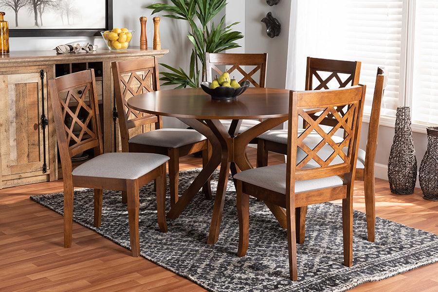 Wholesale Interiors Dining Sets - Jana Grey Fabric Upholstered and Walnut Brown Finished Wood 7-Piece Dining Set