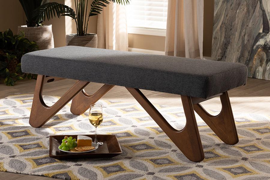 Wholesale Interiors Benches - Rika Mid-Century Modern Dark Grey Fabric Walnut Brown Boomerang Bench