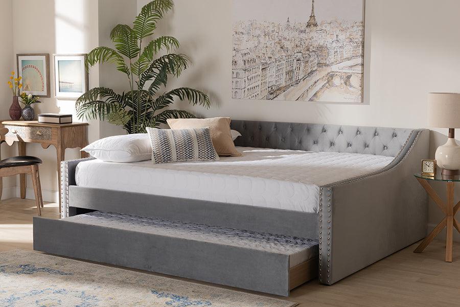 Wholesale Interiors Daybeds - Raphael Grey Velvet Fabric Upholstered Queen Size Daybed with Trundle