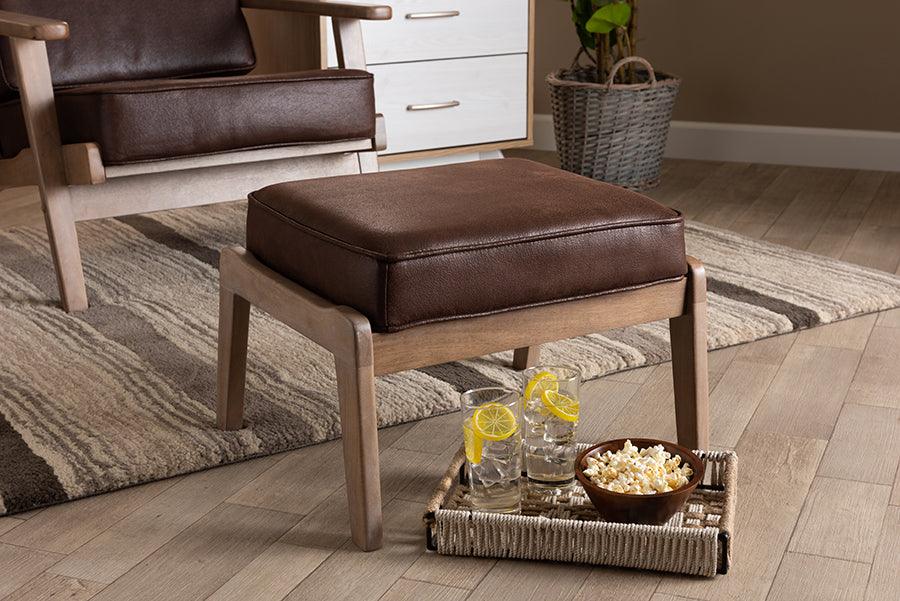 Wholesale Interiors Ottomans & Stools - Sigrid Mid-Century Modern Brown Faux Leather Effect Fabric and Wood Ottoman