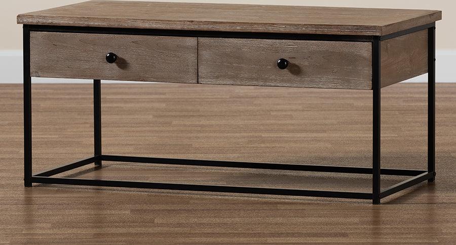 Wholesale Interiors Coffee Tables - Roderick Weathered Oak Finished Wood and Black Metal 2-Drawer Coffee Table