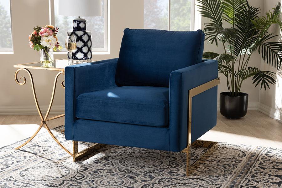 Wholesale Interiors Accent Chairs - Matteo Glam and Luxe Royal Blue Velvet Fabric Upholstered Gold Finished Armchair