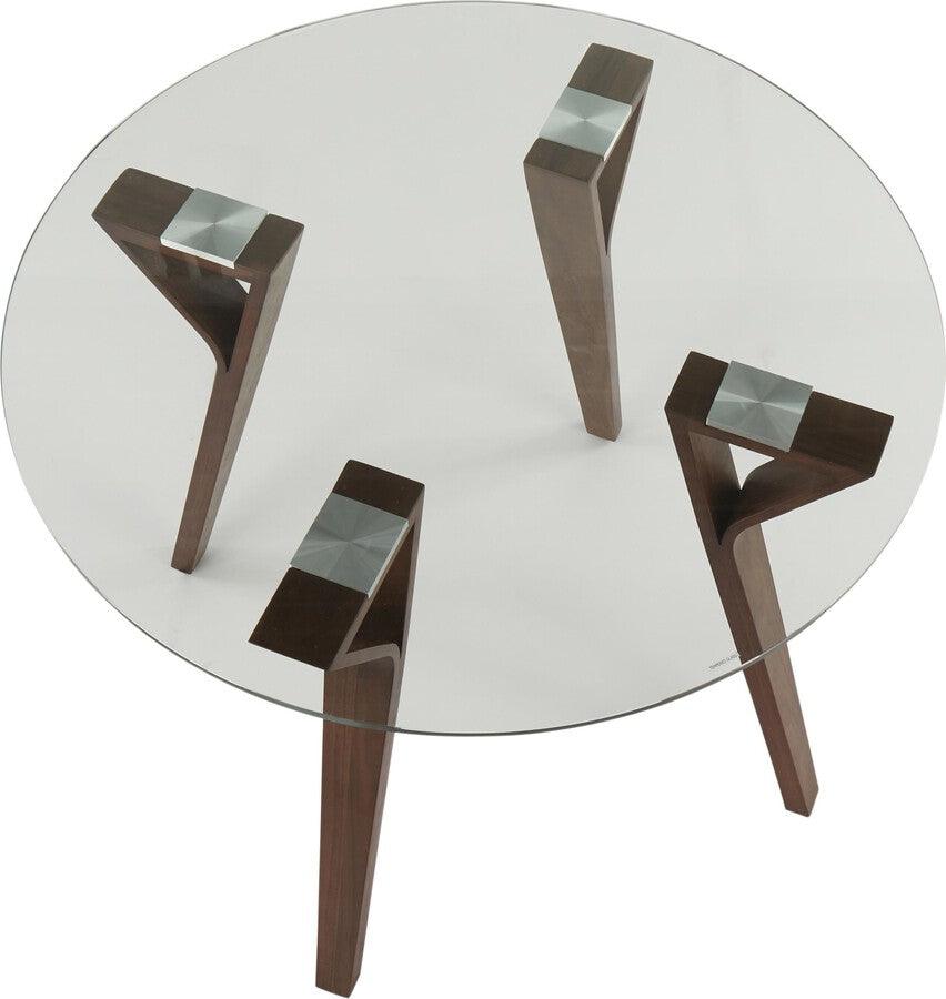 Lumisource Dining Tables - Folia Mid-Century Modern Round Dinette Table in Walnut Wood and Clear Glass