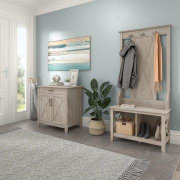 Bush Business Furniture Shoe Storage - Entryway Storage Set with Hall Tree, Shoe Bench and Armoire Cabinet Washed Gray