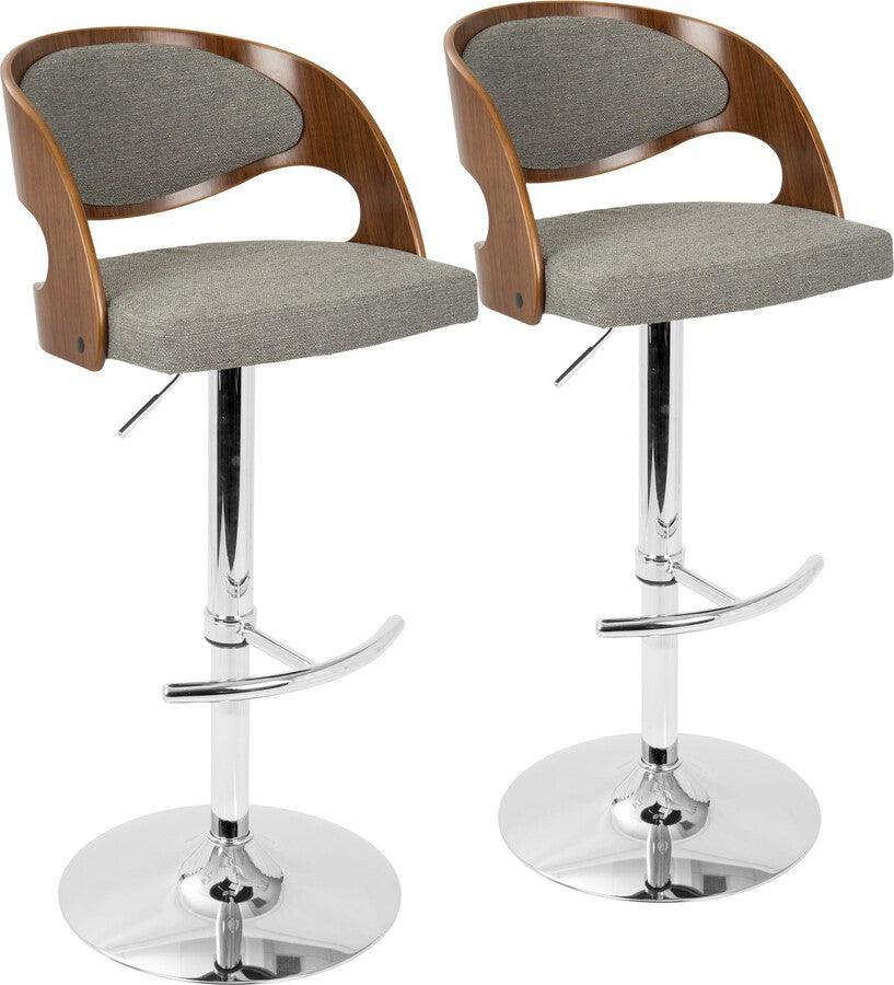 Lumisource Barstools - Pino Adjustable Barstool With Swivel In Chrome, Walnut Wood & Grey Fabric (Set of 2)
