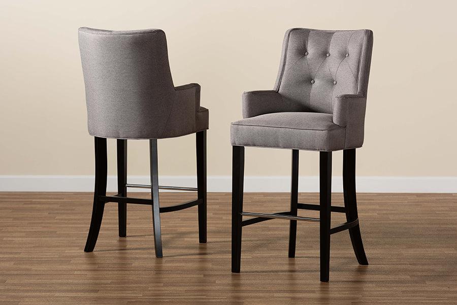Wholesale Interiors Barstools - Aldon Grey Fabric Upholstered and Dark Brown Finished Wood 2-Piece Bar Stool Set