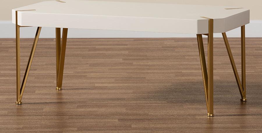 Wholesale Interiors Coffee Tables - Kassa Contemporary Brushed Gold Metal and White Finished Wood Coffee Table