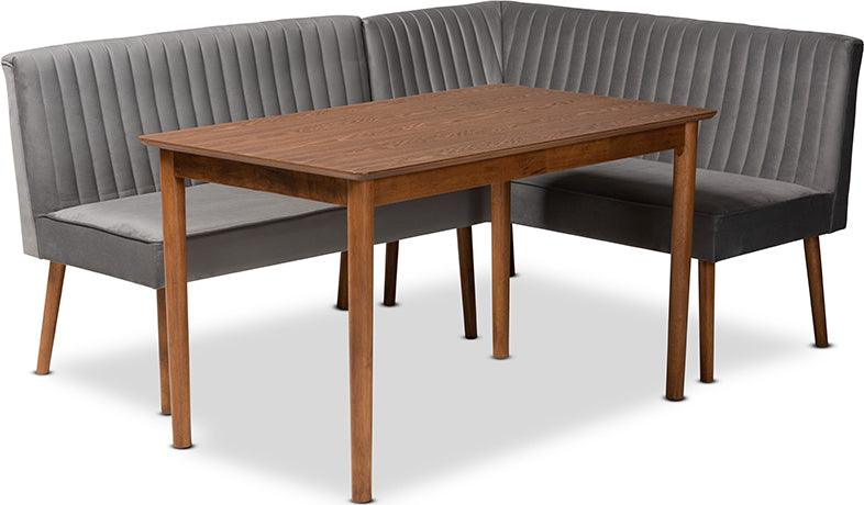 Wholesale Interiors Dining Sets - Alvis Mid-Century Grey Velvet Upholstered and Walnut Brown Finished Wood 3-Piece Dining Nook Set